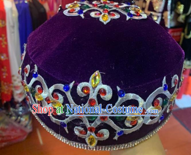 China Uighur Nationality Folk Dance Headwear Uyghur Minority Dance Headdress Xinjiang Ethnic Performance Purple Hat