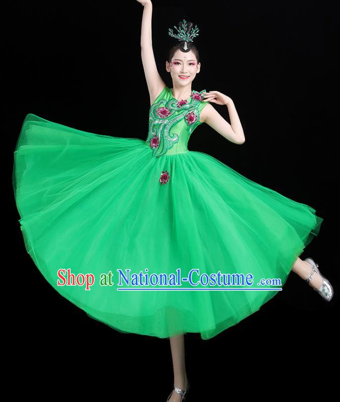 Professional China Opening Dance Green Veil Dress Women Group Dance Costumes Chorus Performance Garments Modern Dance Clothing