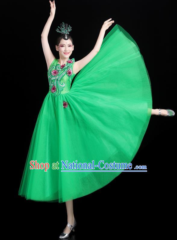 Professional China Opening Dance Green Veil Dress Women Group Dance Costumes Chorus Performance Garments Modern Dance Clothing