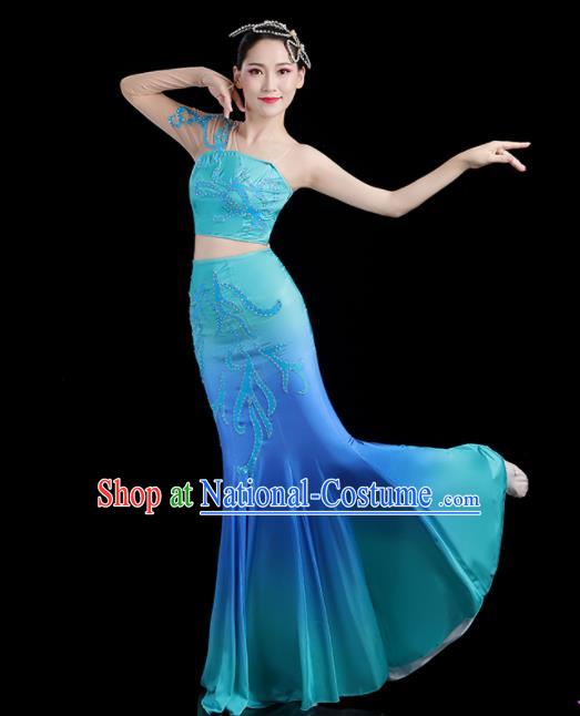 Chinese Dai Nationality Stage Performance Blue Dress Outfits Tai Minority Peacock Dance Clothing Yunnan Ethnic Pavane Dance Costumes