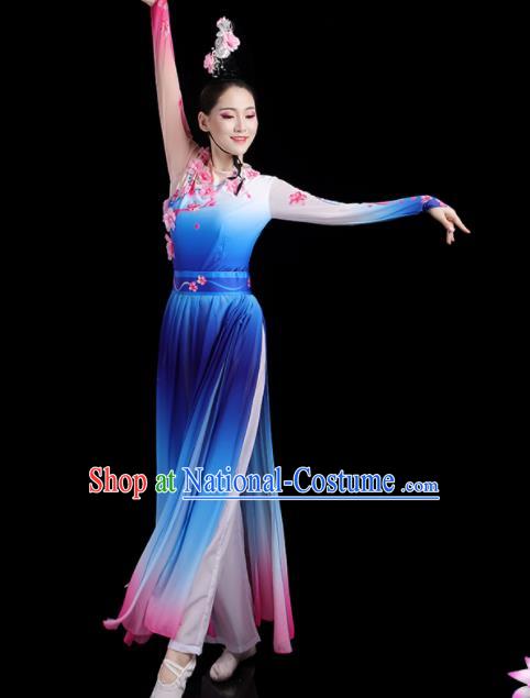 China Jasmine Flower Performance Outfits Woman Dancewear Classical Dance Clothing Umbrella Dance Garment Costumes Fan Dance Blue Dress