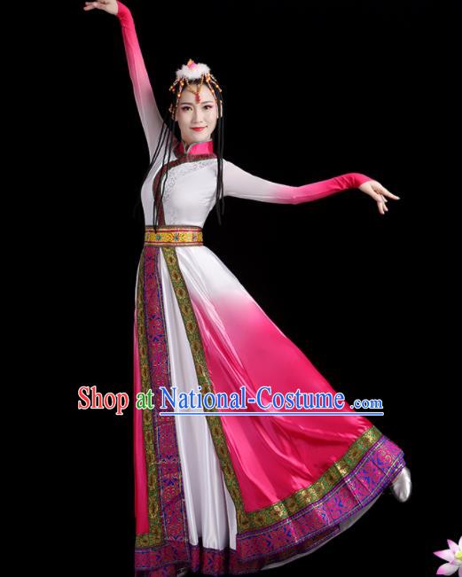 Chinese Xizang Ethnic Festival Costumes Zang Nationality Stage Performance Pink Dress Outfits Tibetan Minority Female Dance Clothing