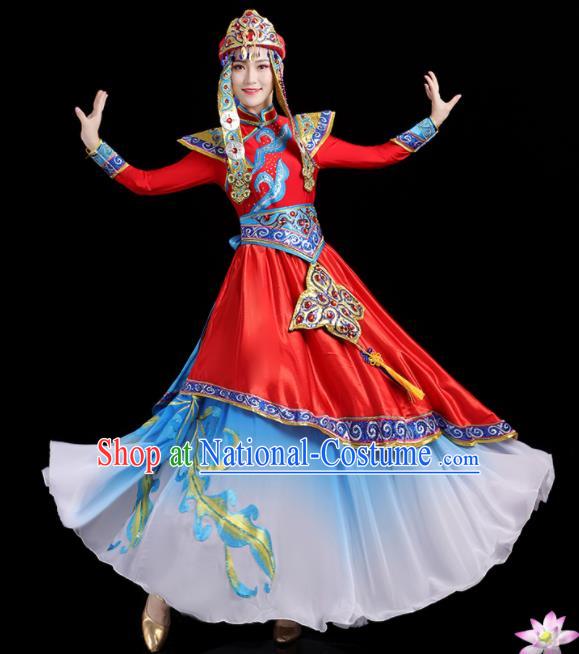 Chinese Mongolian Minority Female Dance Clothing Ethnic Festival Costumes Mongol Nationality Stage Performance Red Dress Outfits