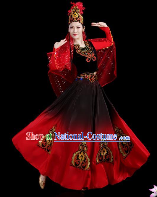 Chinese Uyghur Nationality Stage Performance Red Dress Outfits Uighur Minority Female Dance Clothing Xinjiang Ethnic Festival Costumes