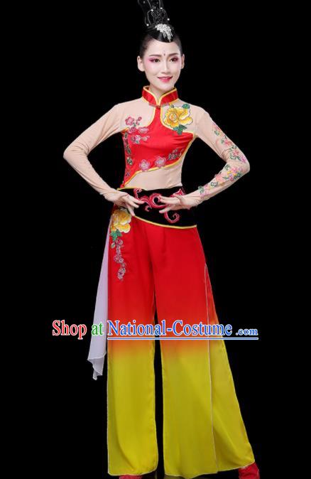 Chinese Traditional Fan Dance Red Outfits Woman Group Folk Dance Costumes Yangko Performance Apparels Square Dance Clothing