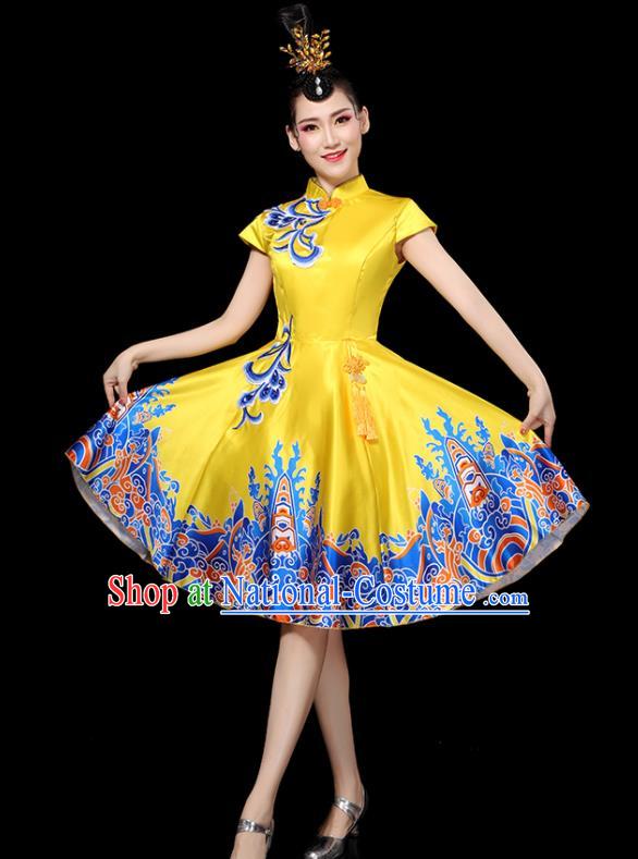 Professional China Chorus Performance Garments Modern Dance Clothing Opening Dance Yellow Dress Women Group Dance Costumes