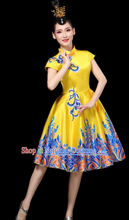 Professional China Chorus Performance Garments Modern Dance Clothing Opening Dance Yellow Dress Women Group Dance Costumes