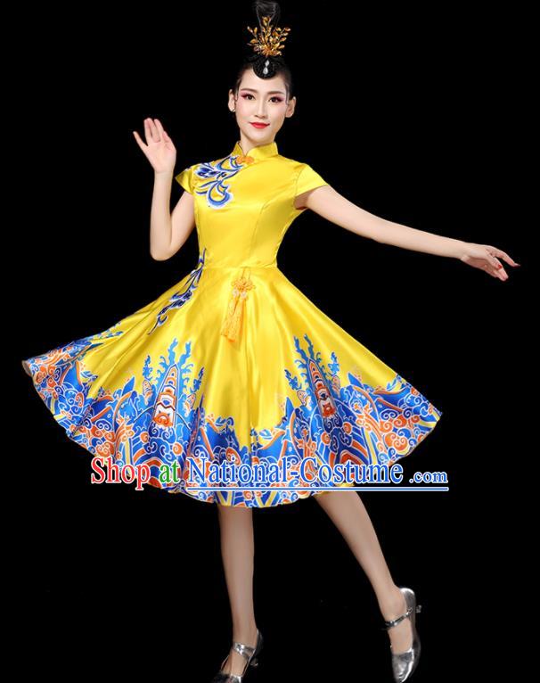 Professional China Chorus Performance Garments Modern Dance Clothing Opening Dance Yellow Dress Women Group Dance Costumes