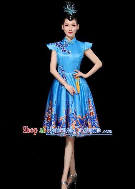 Professional China Women Group Dance Costumes Chorus Performance Garments Modern Dance Clothing Opening Dance Blue Dress