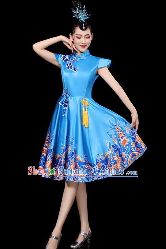 Professional China Women Group Dance Costumes Chorus Performance Garments Modern Dance Clothing Opening Dance Blue Dress