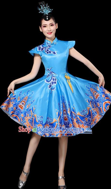 Professional China Women Group Dance Costumes Chorus Performance Garments Modern Dance Clothing Opening Dance Blue Dress