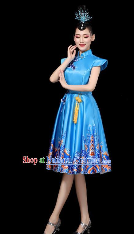 Professional China Women Group Dance Costumes Chorus Performance Garments Modern Dance Clothing Opening Dance Blue Dress