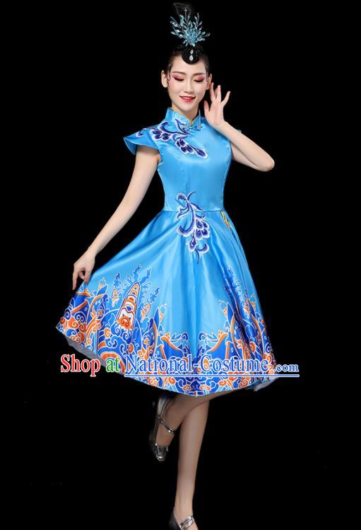 Professional China Women Group Dance Costumes Chorus Performance Garments Modern Dance Clothing Opening Dance Blue Dress