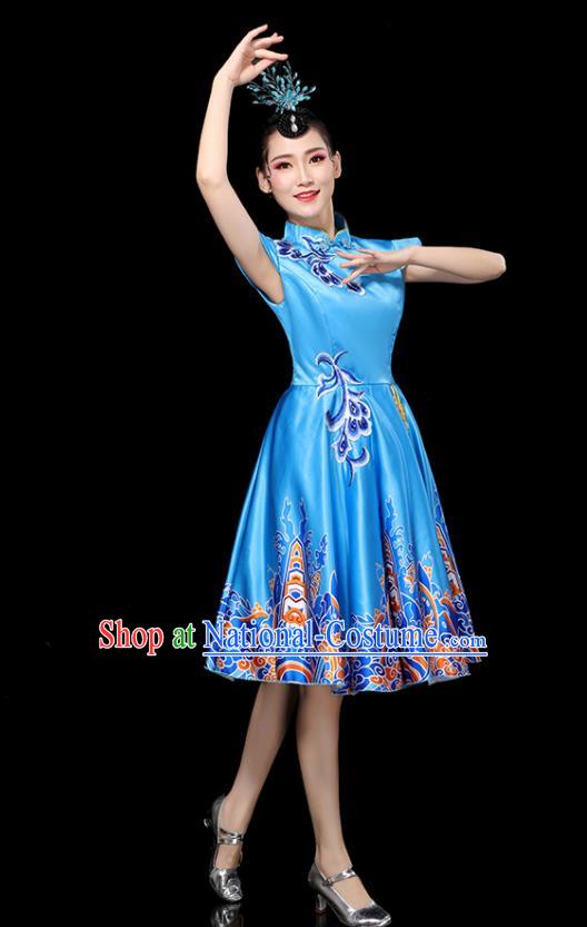 Professional China Women Group Dance Costumes Chorus Performance Garments Modern Dance Clothing Opening Dance Blue Dress