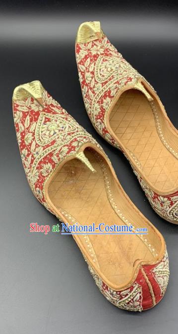 Handmade Indian Dance Red Leather Shoes Wedding Male Shoes India Folk Dance Shoes Asian Bridegroom Shoes