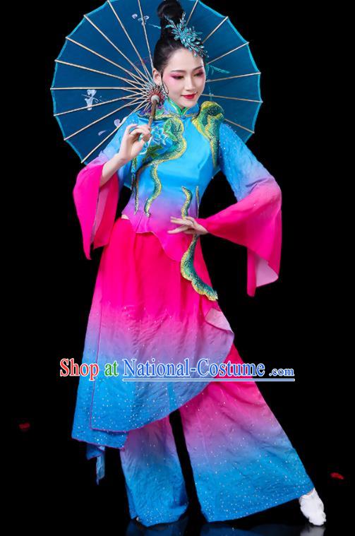 Chinese Women Square Dance Clothing Traditional Fan Dance Blue Outfits Group Dance Costumes Yangko Performance Apparels