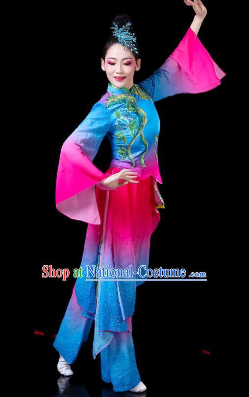 Chinese Women Square Dance Clothing Traditional Fan Dance Blue Outfits Group Dance Costumes Yangko Performance Apparels