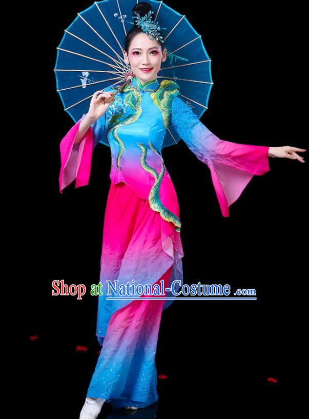 Chinese Women Square Dance Clothing Traditional Fan Dance Blue Outfits Group Dance Costumes Yangko Performance Apparels