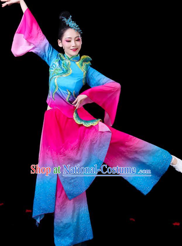 Chinese Women Square Dance Clothing Traditional Fan Dance Blue Outfits Group Dance Costumes Yangko Performance Apparels