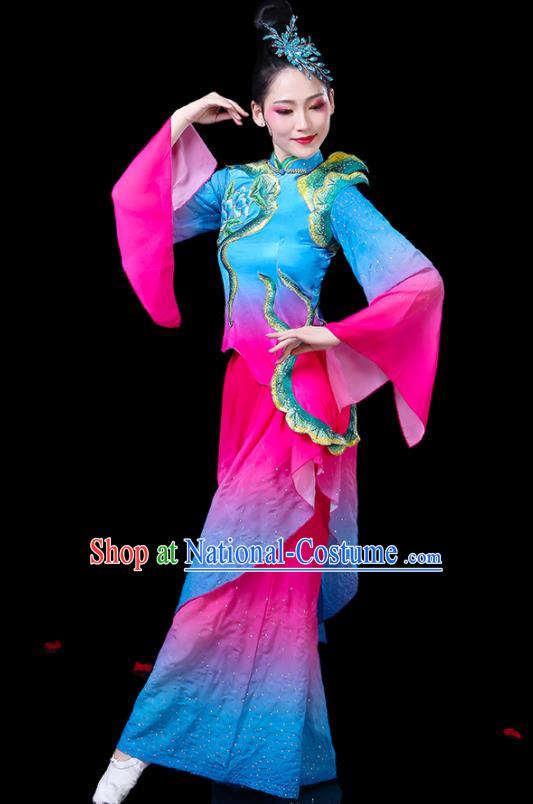 Chinese Women Square Dance Clothing Traditional Fan Dance Blue Outfits Group Dance Costumes Yangko Performance Apparels