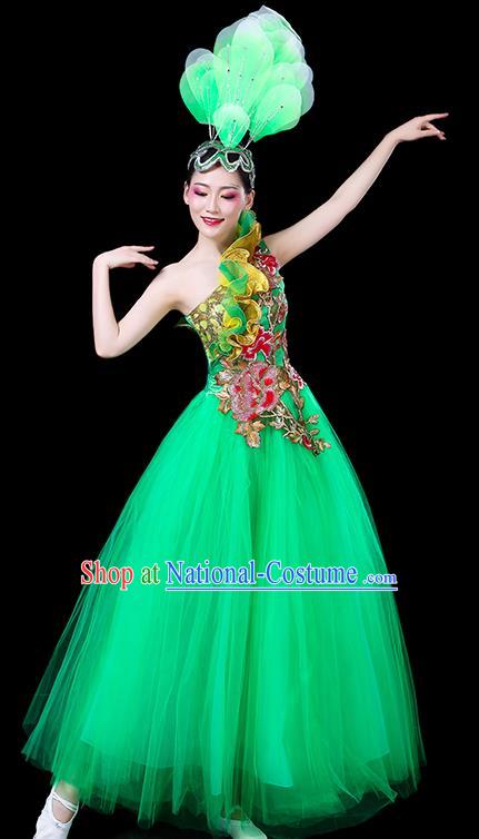 Professional China Chorus Performance Garments Modern Dance Clothing Spring Festival Gala Opening Dance Green Dress Women Peony Dance Costume