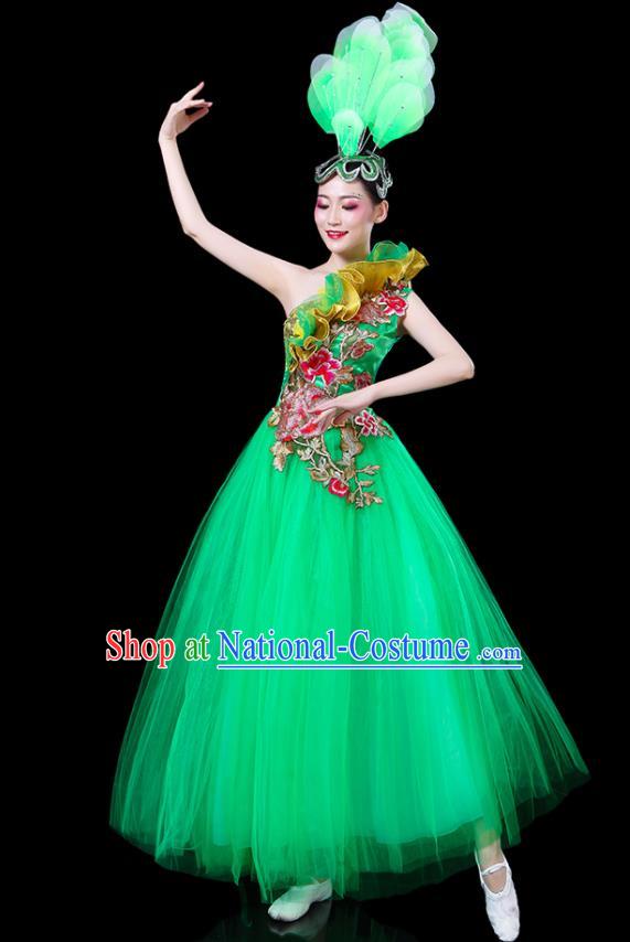 Professional China Chorus Performance Garments Modern Dance Clothing Spring Festival Gala Opening Dance Green Dress Women Peony Dance Costume