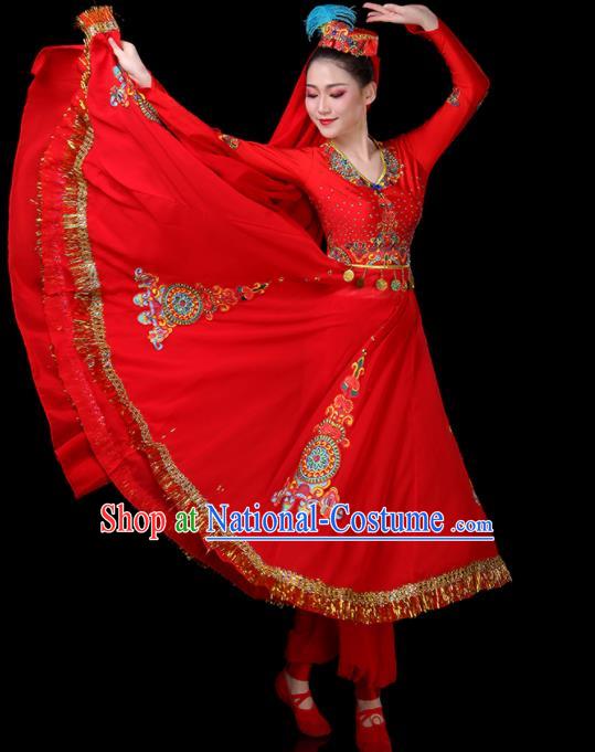 Chinese Uyghur Minority Folk Dance Clothing Xinjiang Ethnic Performance Costumes Uighur Nationality Female Dance Red Dress Outfits