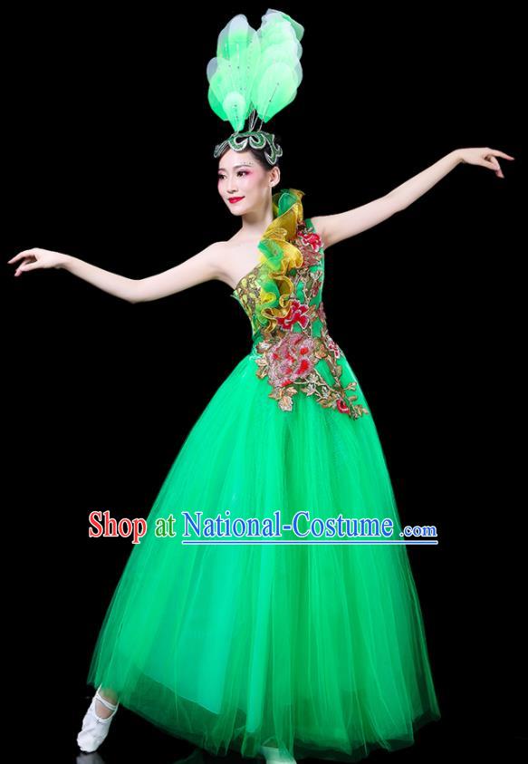 Professional China Chorus Performance Garments Modern Dance Clothing Spring Festival Gala Opening Dance Green Dress Women Peony Dance Costume