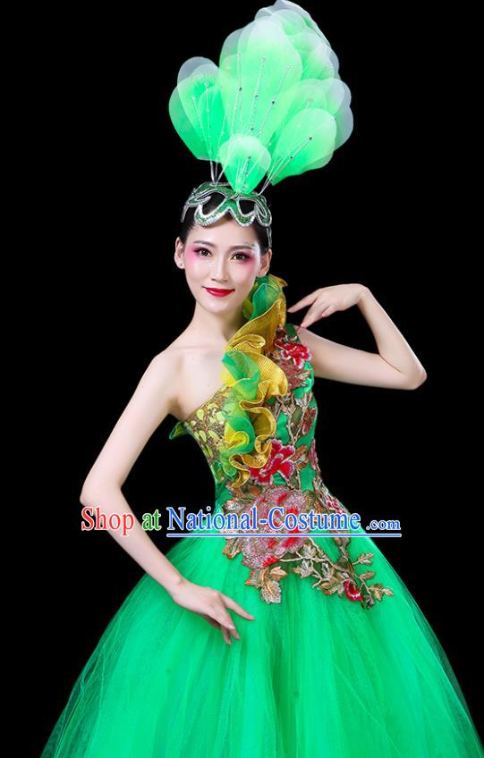 Professional China Chorus Performance Garments Modern Dance Clothing Spring Festival Gala Opening Dance Green Dress Women Peony Dance Costume