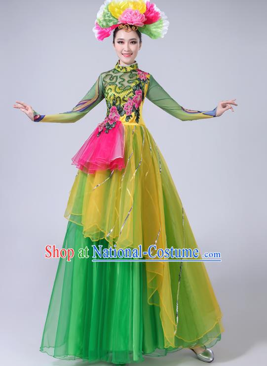 Professional China Flower Dance Costume Women Chorus Performance Garments Modern Dance Clothing Spring Festival Gala Opening Dance Green Dress