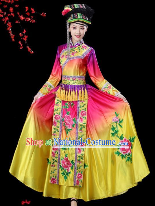 Chinese Yi Nationality Female Dance Dress Outfits Sichuan Minority Folk Dance Clothing Ethnic Torch Festival Performance Costumes