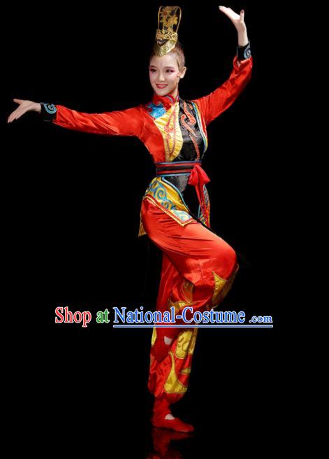 Chinese Traditional Fan Dance Red Outfits Folk Dance Costumes Yangko Performance Apparels Women Group Drum Dance Clothing