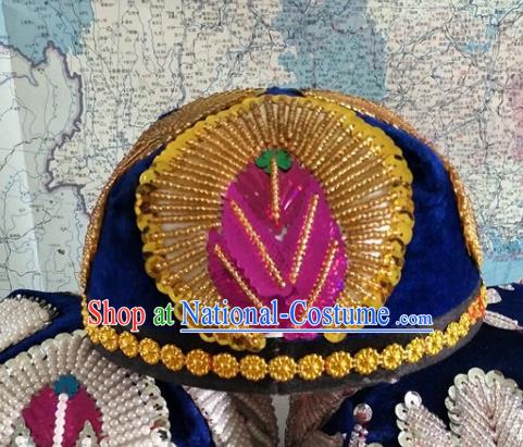 Chinese Uyghur Nationality Embroidered Golden Beads Hat Xinjiang Minority Folk Dance Headdress Ethnic Male Performance Headwear