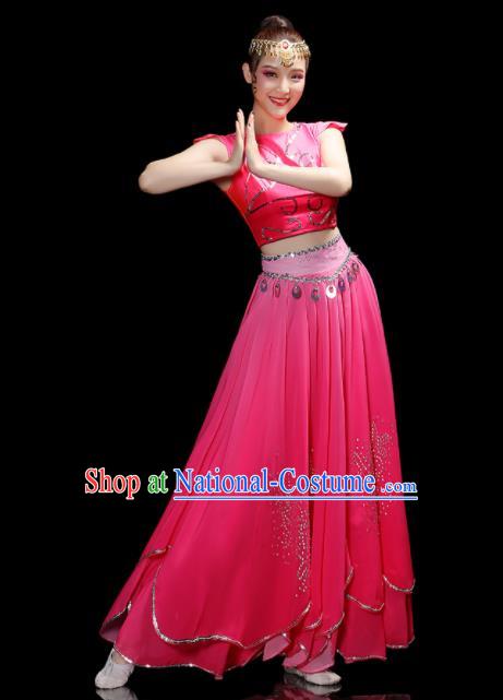 Chinese Uyghur Nationality Dance Rosy Dress Outfits Xinjiang Minority Folk Dance Clothing Uighur Ethnic Festival Performance Costumes