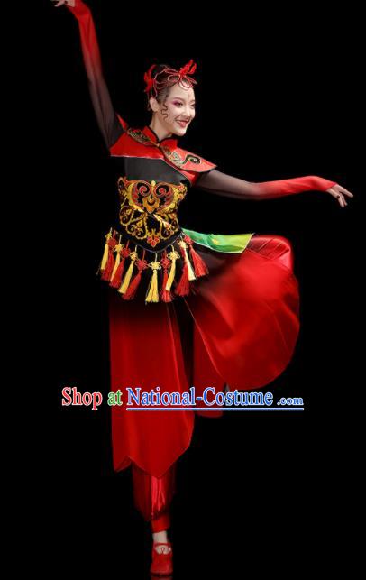 Chinese Women Group Drum Dance Clothing Traditional Fan Dance Red Outfits Folk Dance Costumes Yangko Performance Apparels