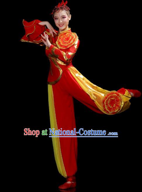 Chinese Yangko Performance Apparels Women Group Drum Dance Clothing Traditional Fan Dance Red Outfits Folk Dance Costumes