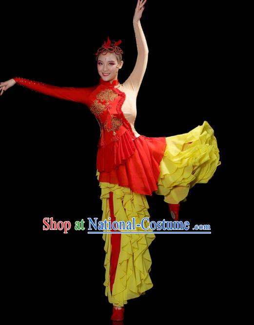 Chinese Folk Dance Costumes Yangko Performance Apparels Women Group Drum Dance Clothing Traditional Lion Dance Red Outfits