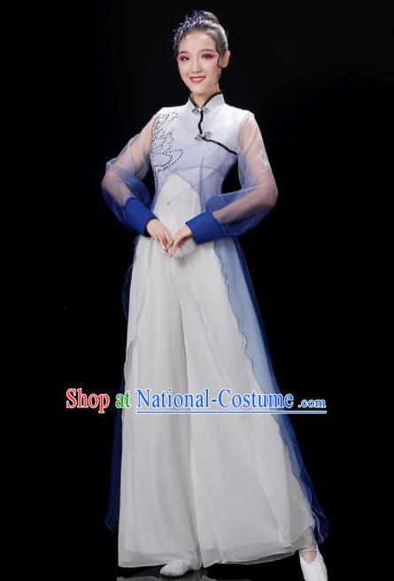 China Group Fan Performance Blue Outfits Woman Dancewear Classical Dance Clothing Umbrella Dance Garment Costumes