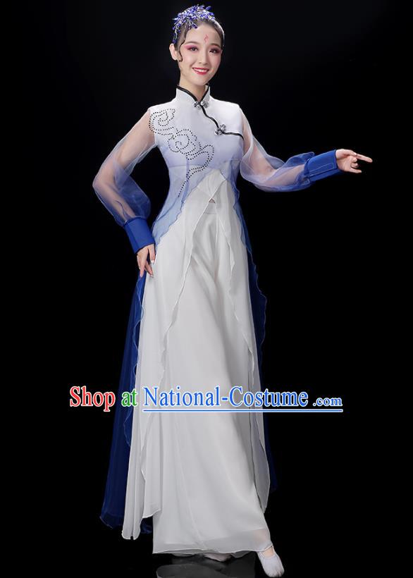 China Group Fan Performance Blue Outfits Woman Dancewear Classical Dance Clothing Umbrella Dance Garment Costumes