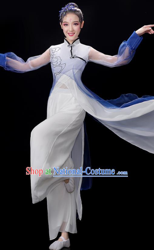 China Group Fan Performance Blue Outfits Woman Dancewear Classical Dance Clothing Umbrella Dance Garment Costumes