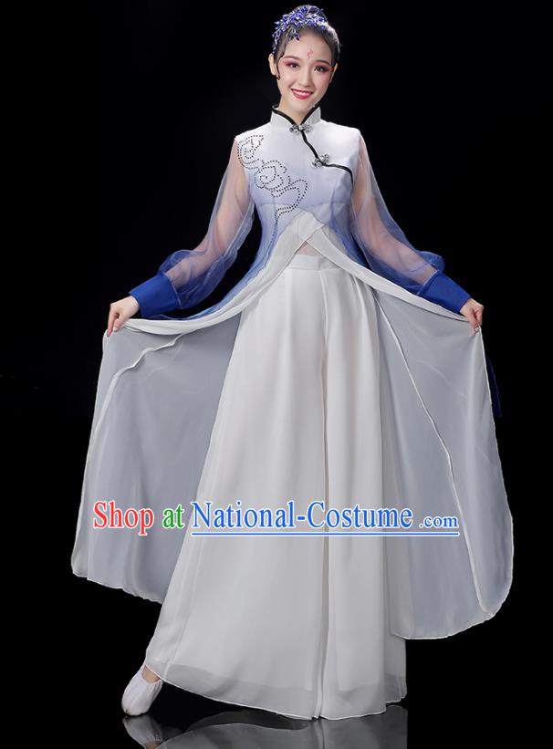 China Group Fan Performance Blue Outfits Woman Dancewear Classical Dance Clothing Umbrella Dance Garment Costumes