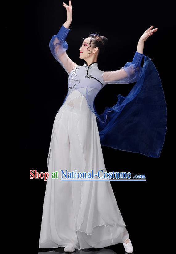 China Group Fan Performance Blue Outfits Woman Dancewear Classical Dance Clothing Umbrella Dance Garment Costumes