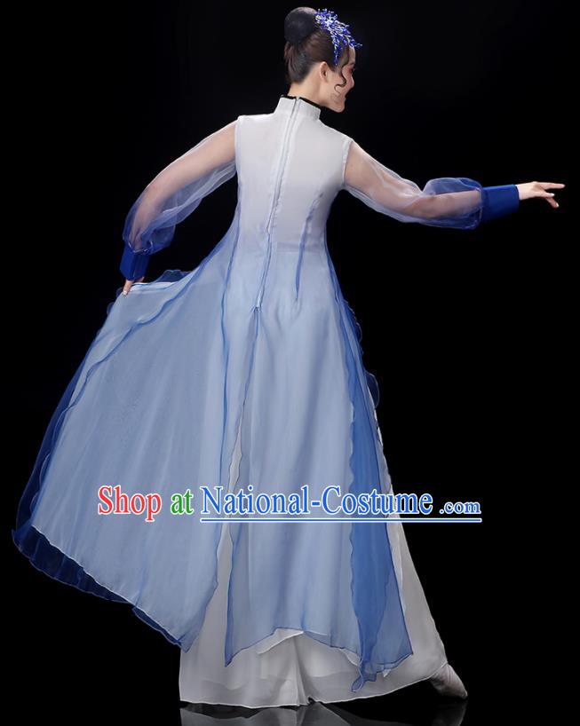 China Group Fan Performance Blue Outfits Woman Dancewear Classical Dance Clothing Umbrella Dance Garment Costumes