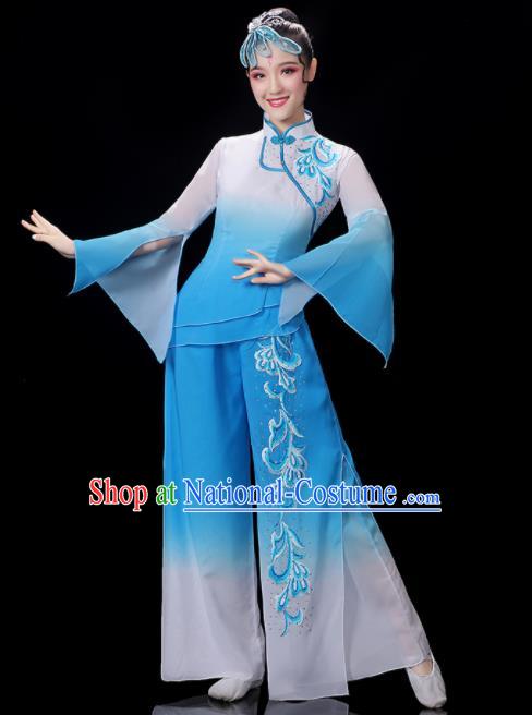 Chinese Women Group Dance Clothing Traditional Fan Dance Blue Outfits Folk Dance Costumes Yangko Dance Performance Apparels