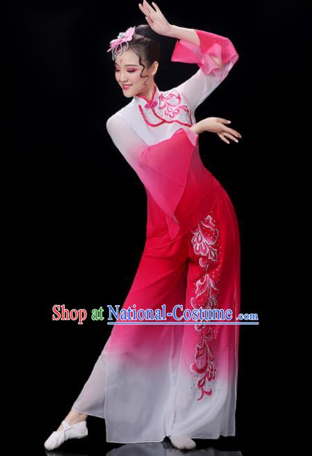 Chinese Yangko Dance Performance Apparels Women Group Dance Clothing Traditional Fan Dance Rosy Outfits Folk Dance Costumes