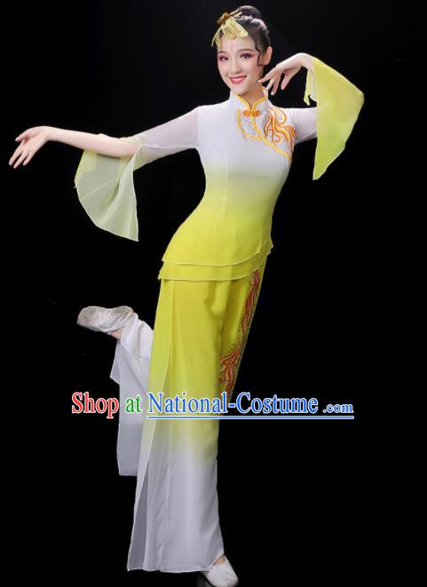 Chinese Folk Dance Costumes Yangko Dance Performance Apparels Women Group Dance Clothing Traditional Fan Dance Yellow Outfits