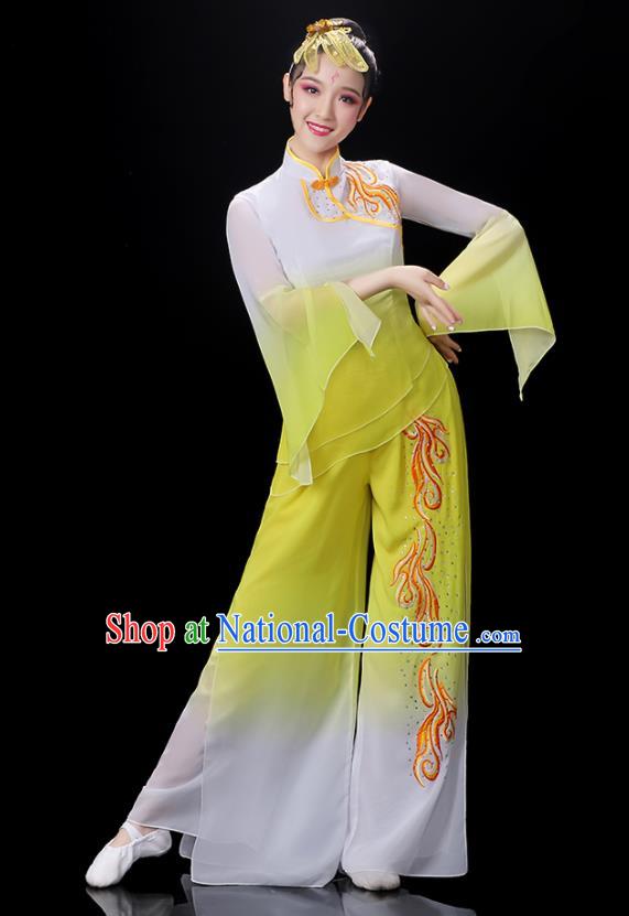 Chinese Folk Dance Costumes Yangko Dance Performance Apparels Women Group Dance Clothing Traditional Fan Dance Yellow Outfits