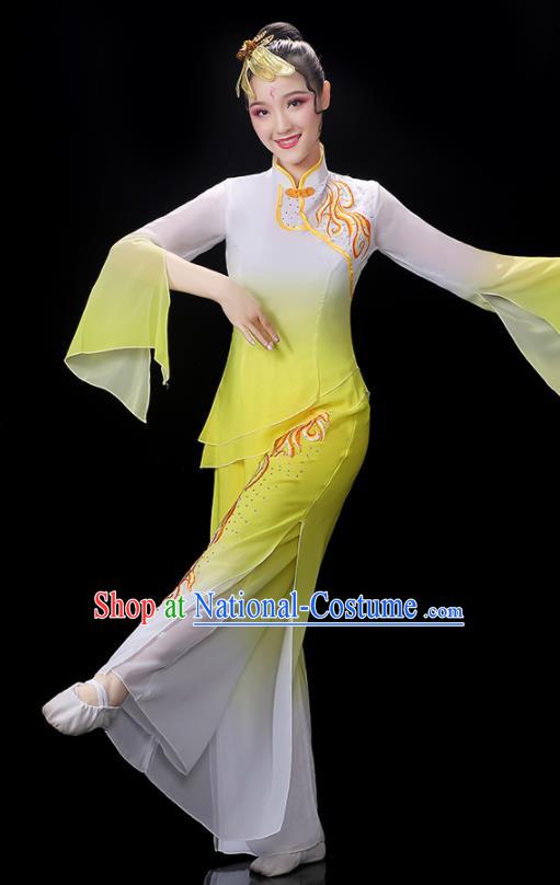 Chinese Folk Dance Costumes Yangko Dance Performance Apparels Women Group Dance Clothing Traditional Fan Dance Yellow Outfits