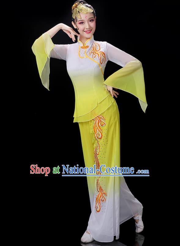 Chinese Folk Dance Costumes Yangko Dance Performance Apparels Women Group Dance Clothing Traditional Fan Dance Yellow Outfits