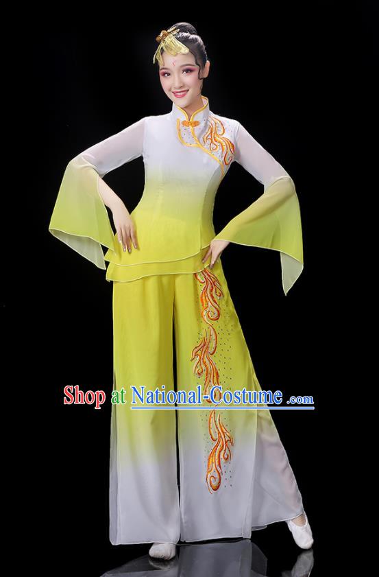 Chinese Folk Dance Costumes Yangko Dance Performance Apparels Women Group Dance Clothing Traditional Fan Dance Yellow Outfits